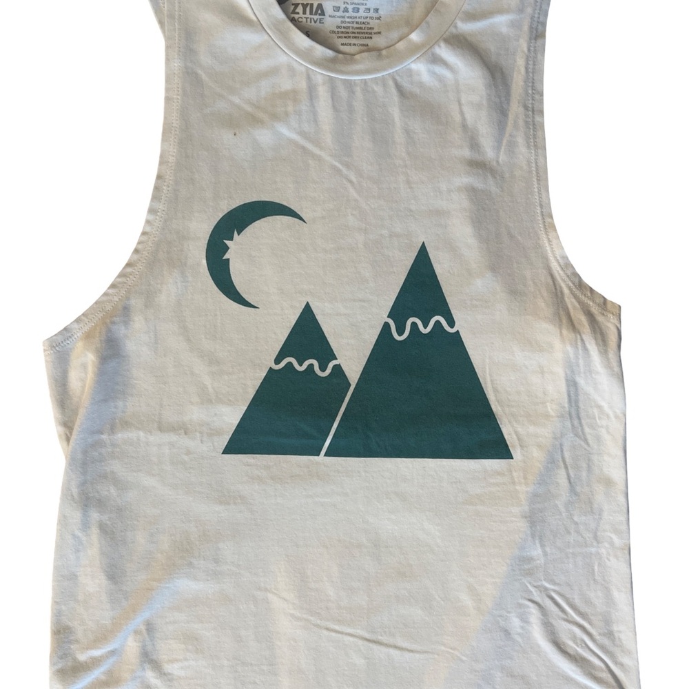 ZYIA White Tank Top with Teal Mountain Design